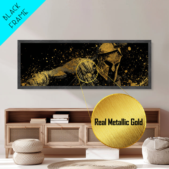 Greek Warrior With Spear, Ancient Spartan Battle Scene Decorative Wall Artwork, Metallic Gold Metal Print, Real Wood Frame Wall Art