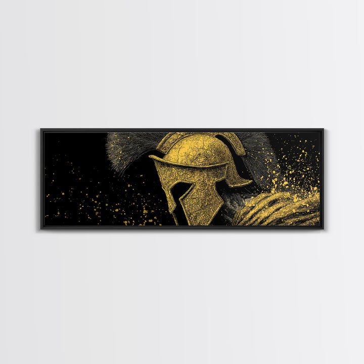 Spartan Helmet Portrait, Ancient Greek Warrior Symbolic Decorative Artwork, Gold Canvas Print, Real Wood Frame Wall Decor