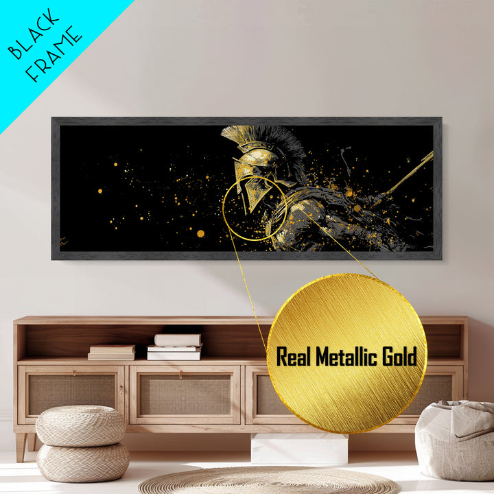 Greek Warrior In Battle Stance, Mythological Spartan Hero Decorative Artwork, Metallic Gold Metal Print, Real Wood Frame Wall Art