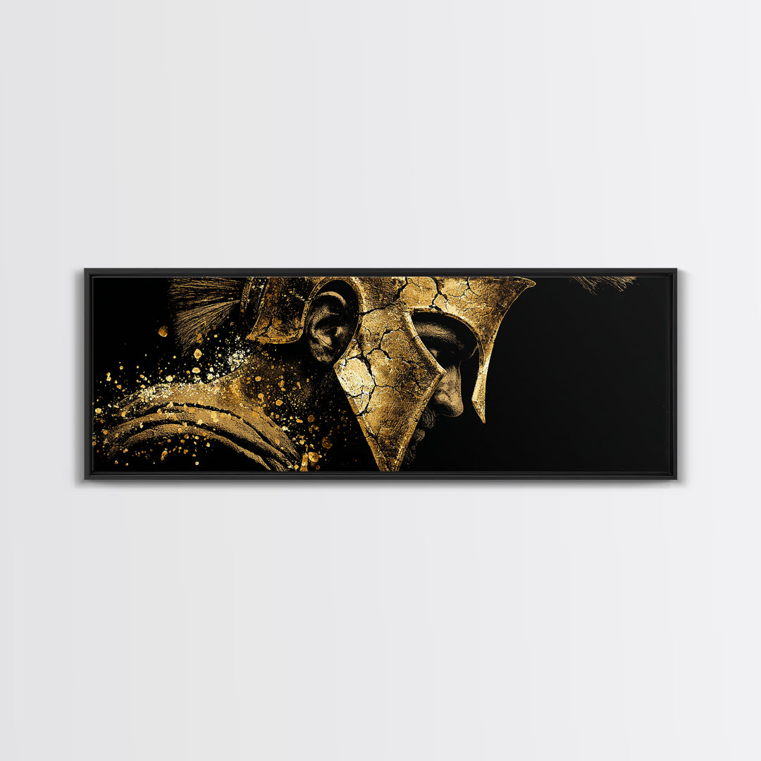 Spartan Helmet Side Profile, Ancient Greek Warrior Armor Decorative Artwork, Gold Canvas Print, Real Wood Frame Wall Decor