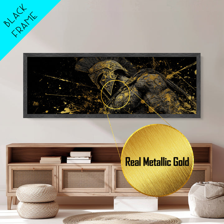 Detailed Spartan Helmet, Ancient Greek Mythological Warrior Decorative Artwork, Metallic Gold Metal Print, Real Wood Frame Wall Art
