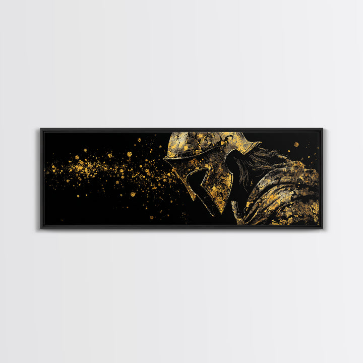 Greek Warrior With Cloak, Ancient Spartan Helmet Decorative Wall Artwork, Gold Canvas Print, Real Wood Frame Wall Decor