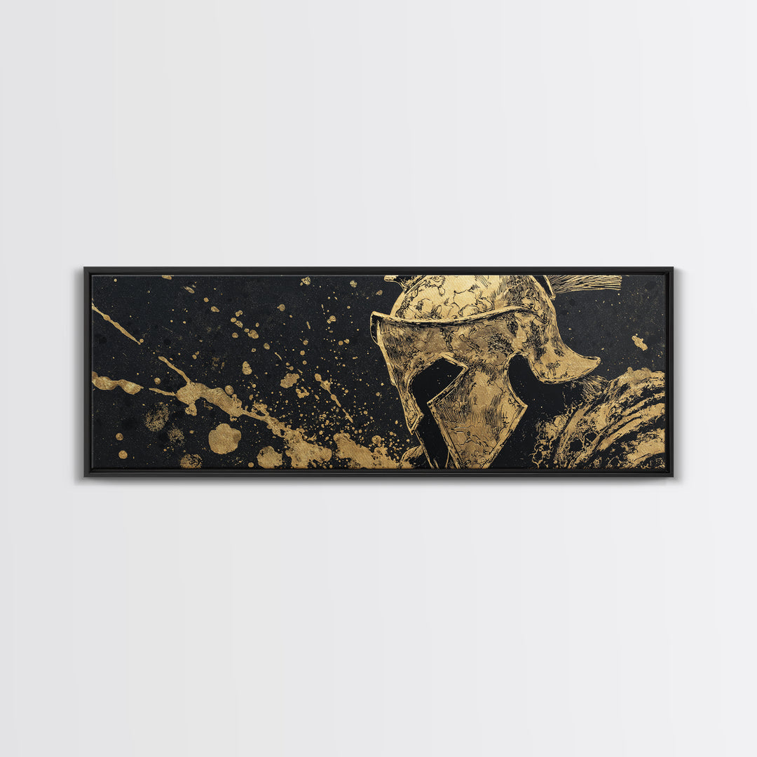 Spartan Helmet Warrior Portrait, Ancient Greek Heroic Symbol Decorative Artwork, Gold Canvas Print, Real Wood Frame Wall Decor