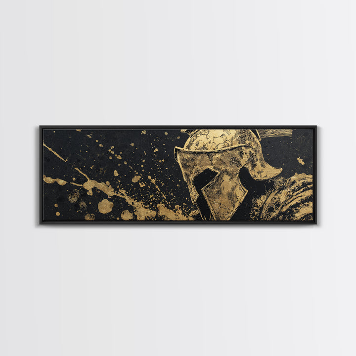 Spartan Helmet Warrior Portrait, Ancient Greek Heroic Symbol Decorative Artwork, Gold Canvas Print, Real Wood Frame Wall Decor