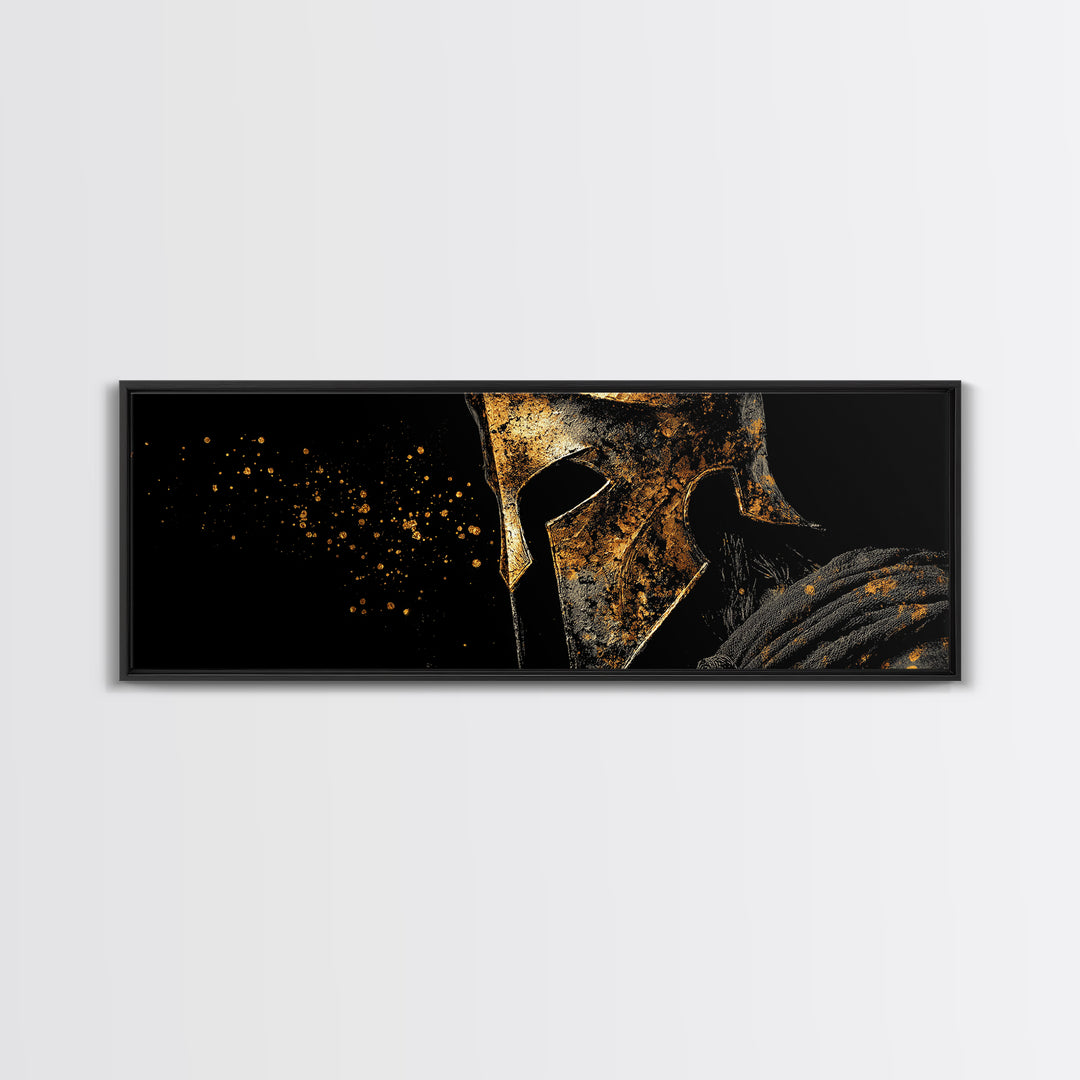 Greek Warrior In Armor, Ancient Spartan Decorative Wall Artwork, Gold Canvas Print, Real Wood Frame, Mythological Wall Decor