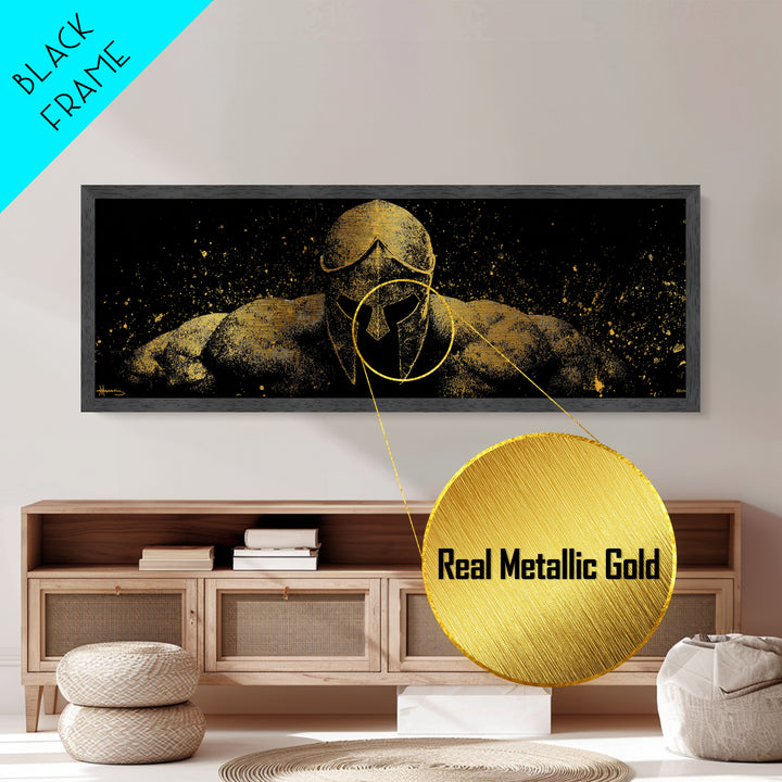 Spartan Warrior Front View, Ancient Greek Helmet Strength Symbol Decorative Artwork, Metallic Gold Metal Print, Real Wood Frame Art