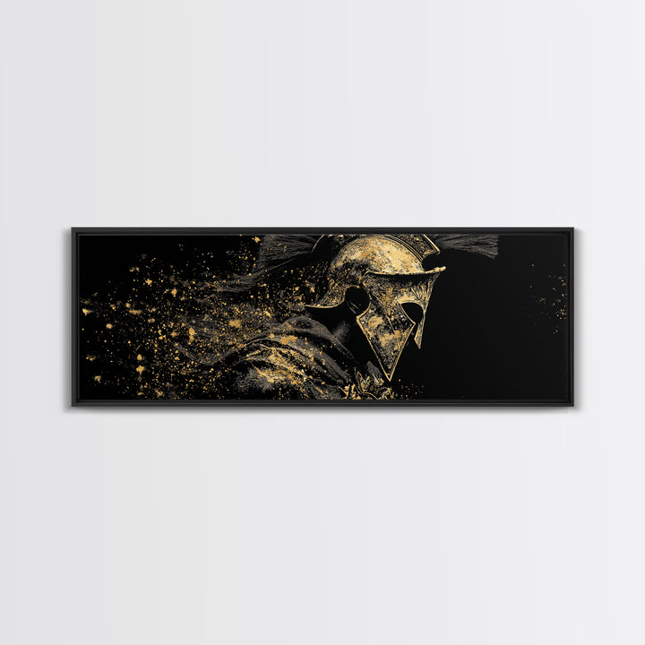 Greek Warrior Side Portrait, Ancient Spartan Helmet Mythological Decorative Artwork, Gold Canvas Print, Real Wood Frame Decor