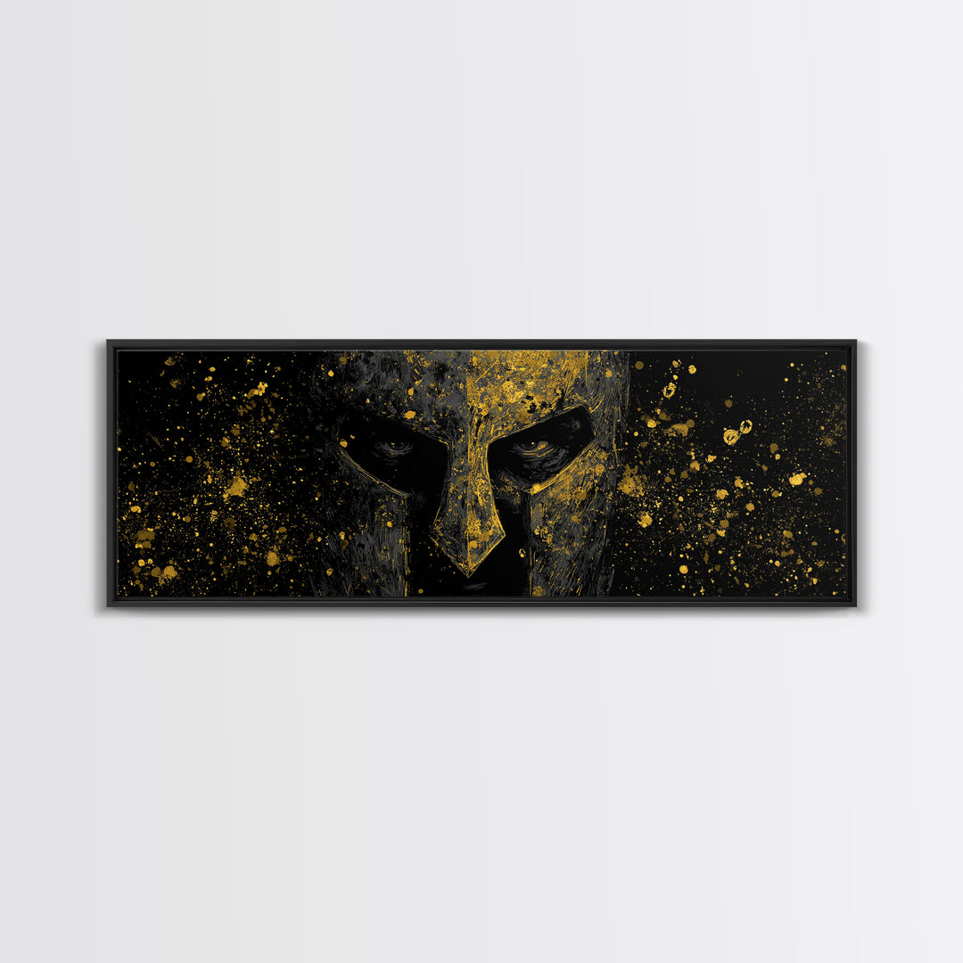 Spartan Helmet Close Up, Ancient Greek Warrior Decorative Artwork, Gold Canvas Print, Real Wood Frame Mythology Wall Decor