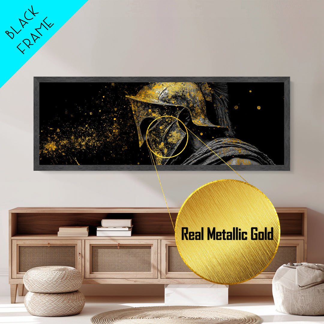 Greek Warrior Face Close Up, Spartan Helmet Intense Gaze Decorative Artwork, Metallic Gold Metal Print, Real Wood Frame Wall Art