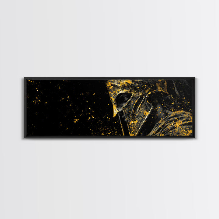 Spartan Helmet Warrior Portrait, Ancient Greek Armor Decorative Artwork, Gold Canvas Print, Real Wood Frame Wall Decor