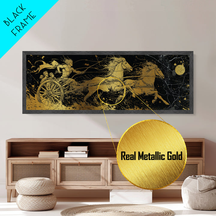 Ancient Chariot Rider, Mythical Warrior Battle Scene Wall Decor, Metallic Gold Metal Print, Real Wood Frame Art