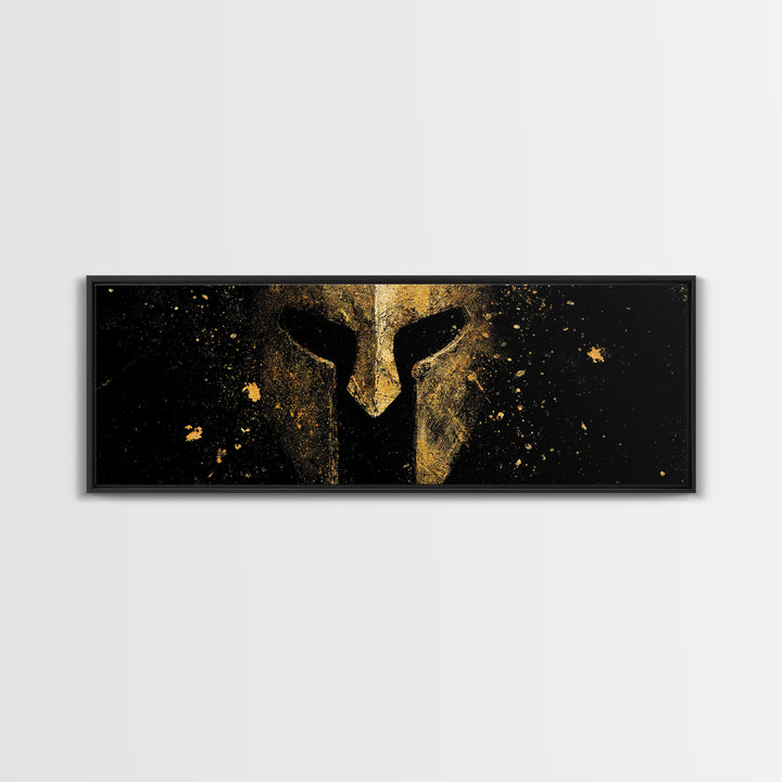 Greek Helmet Front Portrait, Spartan Warrior Decorative Mythological Artwork, Gold Canvas Print, Real Wood Frame Wall Art