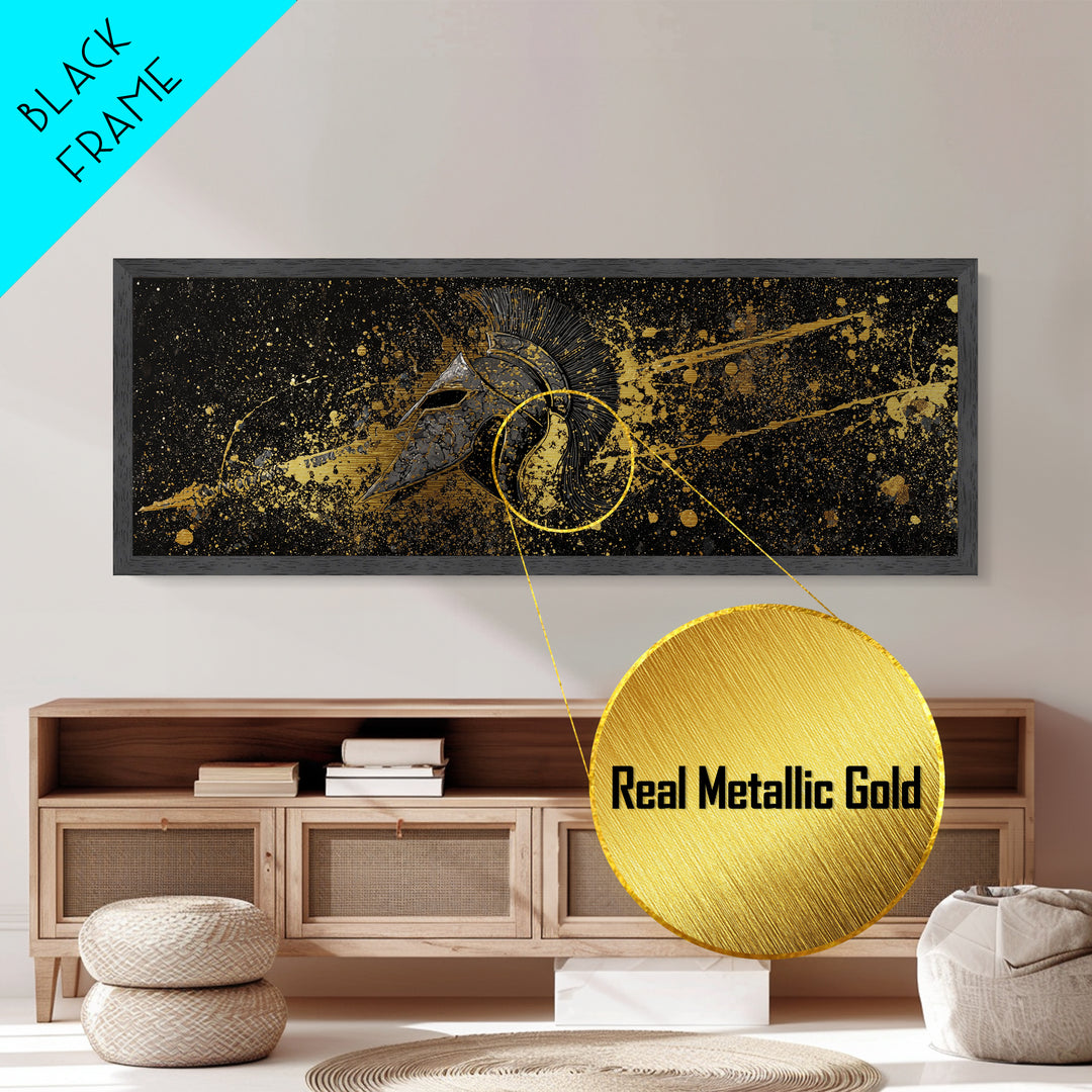 Spartan Helmet Splatter Artwork, Ancient Greek Warrior Mythological Symbol Decorative Art, Metallic Gold Metal Print, Real Wood Frame