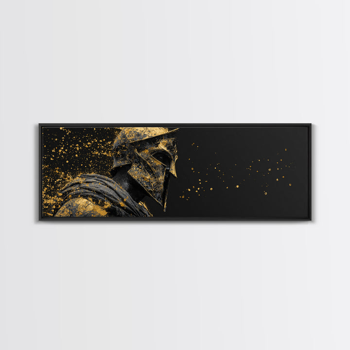 Spartan Helmet Side Portrait, Ancient Greek Warrior Mythology Decorative Symbolic Artwork, Gold Canvas Print, Real Wood Frame