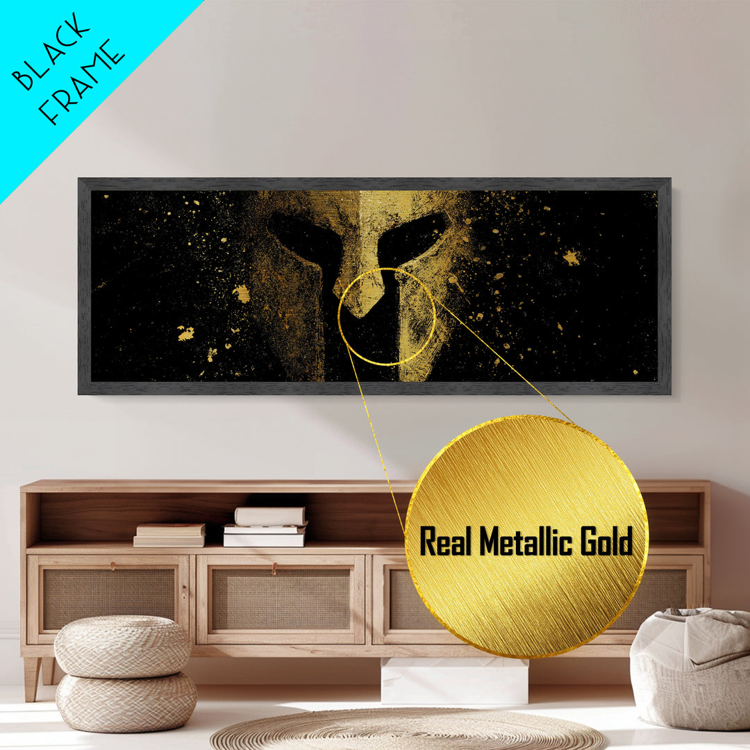 Spartan Helmet Close Detail, Ancient Greek Warrior Decorative Mythological Artwork, Metallic Gold Metal Print, Real Wood Frame Wall Art