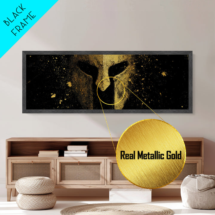 Spartan Helmet Close Detail, Ancient Greek Warrior Decorative Mythological Artwork, Metallic Gold Metal Print, Real Wood Frame Wall Art