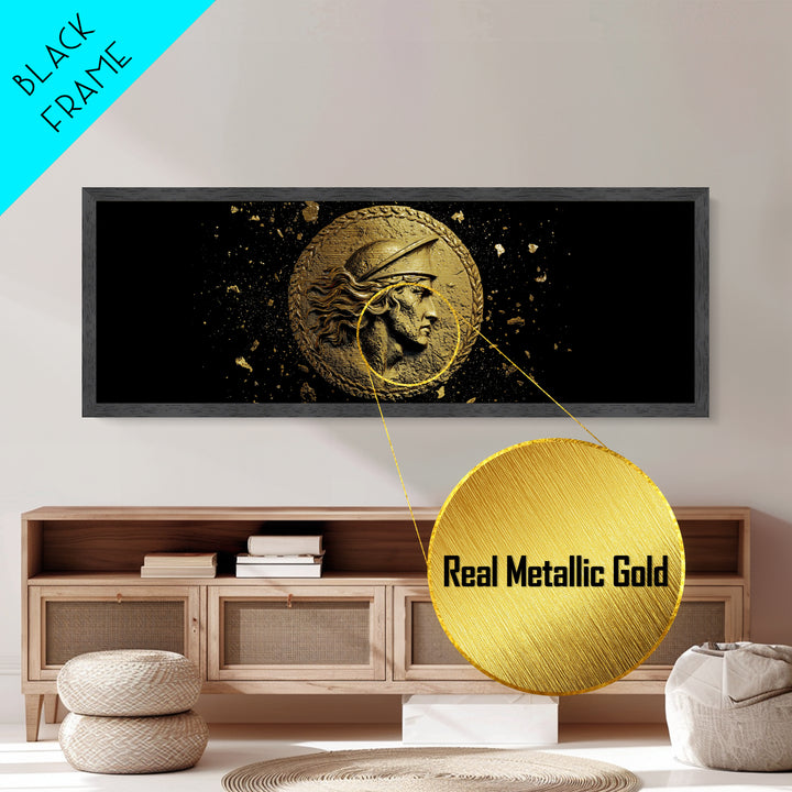 Ancient Greek Coin Relief Portrait, Historical Mythology Metallic Gold Metal Print, Classical Wall Art, Real Wood Frame