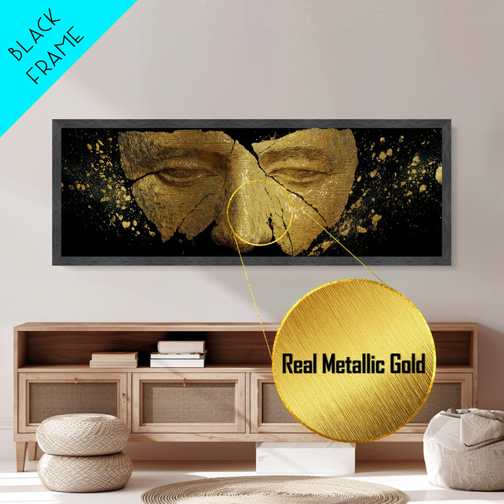 Cracked Ancient Golden Mask, Mythological Relic Metallic Gold Metal Print, Unique Fantasy Wall Art, Real Wood Frame