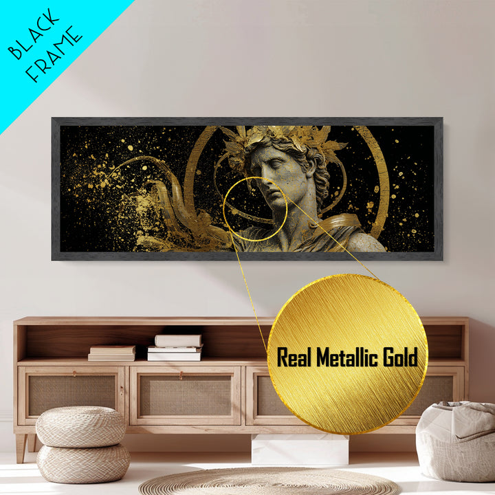Apollo Bust With Golden Halo, Ancient Greek God Metallic Gold Metal Print, Mythology Sculpture Wall Art, Real Wood Frame