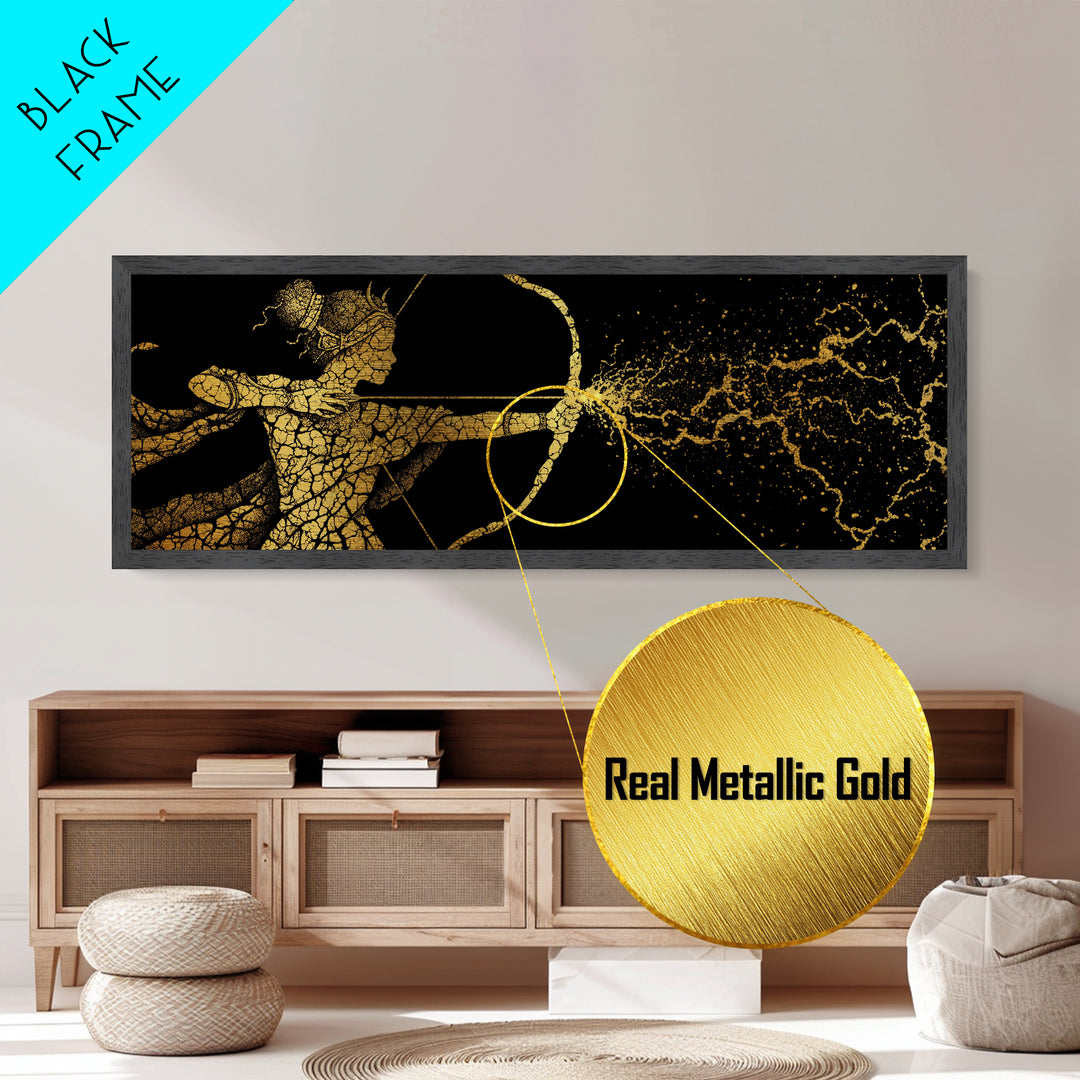 Artemis Golden Archer Illustration, Ancient Greek Goddess Metallic Gold Metal Print, Mythology Wall Art, Real Wood Frame