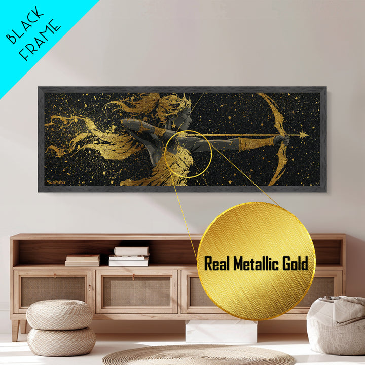 Celestial Artemis Archer Artwork, Mythology Inspired Metallic Gold Metal Print, Greek Goddess Wall Art, Real Wood Frame