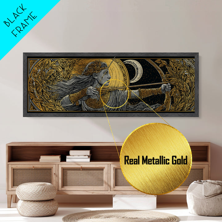 Artemis Moon Goddess Archer, Mythology Inspired Metallic Gold Metal Print, Greek Goddess Wall Art, Real Wood Frame