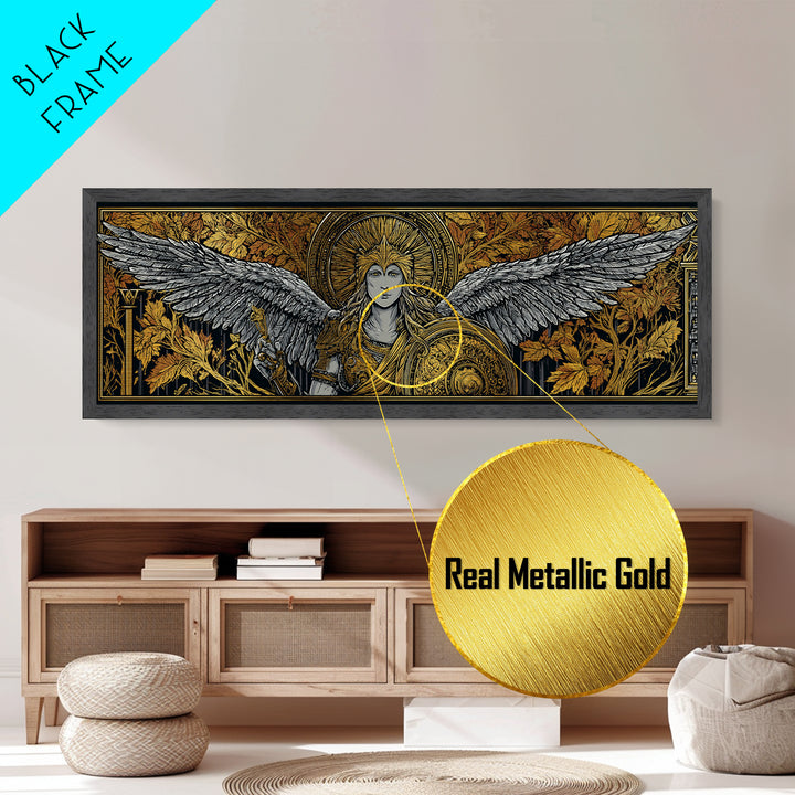 Athena With Wings And Shield, Ancient Greek Goddess Metallic Gold Metal Print, Mythology Warrior Wall Art, Real Wood Frame