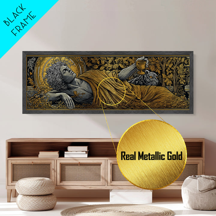 Dionysus God Of Wine And Festivity, Ancient Greek Metallic Gold Metal Print, Mythology Celebration Wall Art, Real Wood Frame