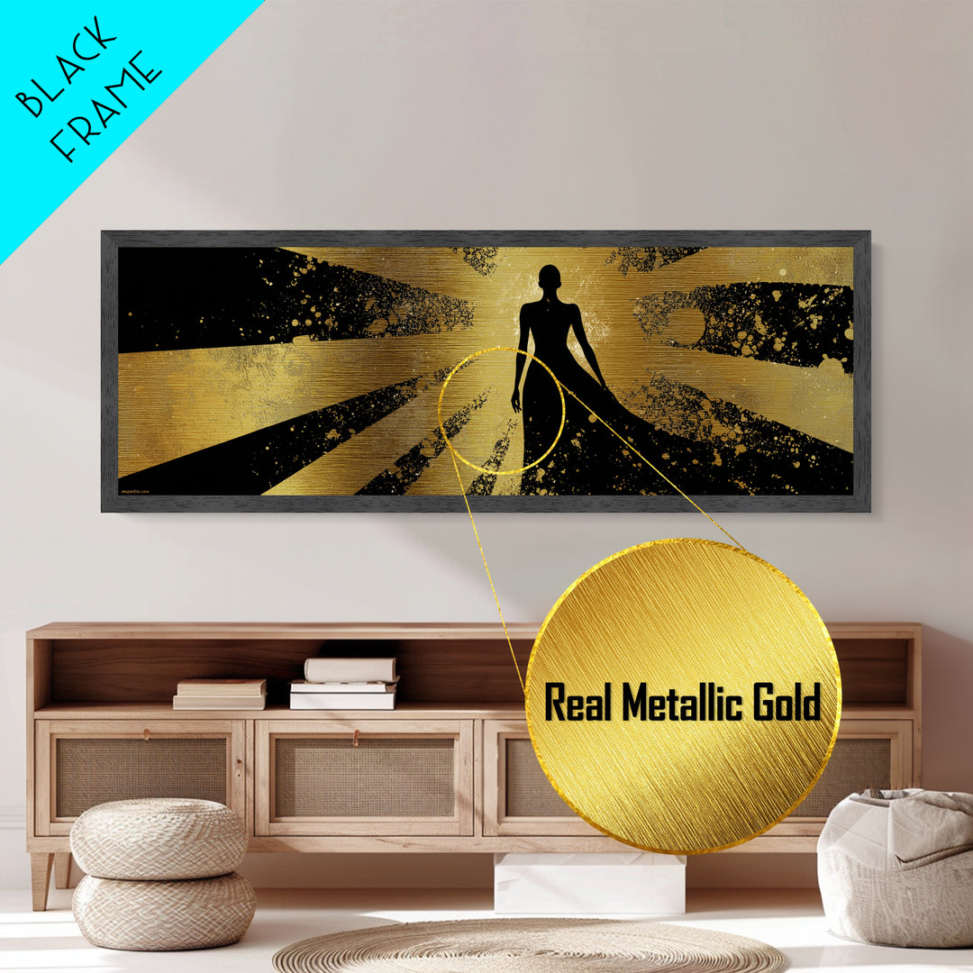Divine Goddess Silhouette, Radiant Light Rays Wall Decor, Metallic Gold Metal Print, Luxury Mythology Art, Real Wood Frame