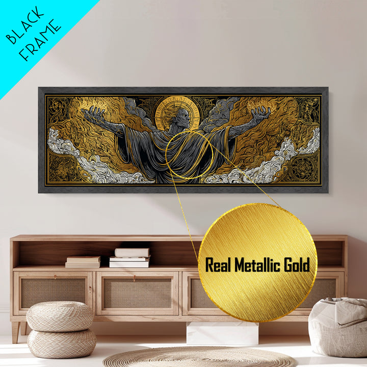 Ancient Titan With Flames, Mythology God Wall Art, Metallic Gold Metal Print, Dramatic Greek Decor, Real Wood Frame