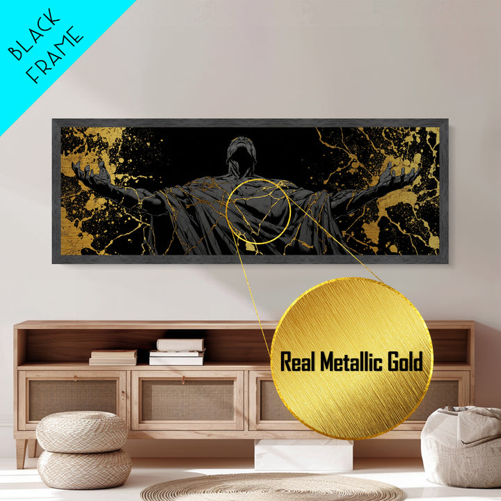 Broken God Kintsugi Style, Abstract Mythology Figure, Metallic Gold Metal Print, Elegant Modern Wall Art, Real Wood Frame