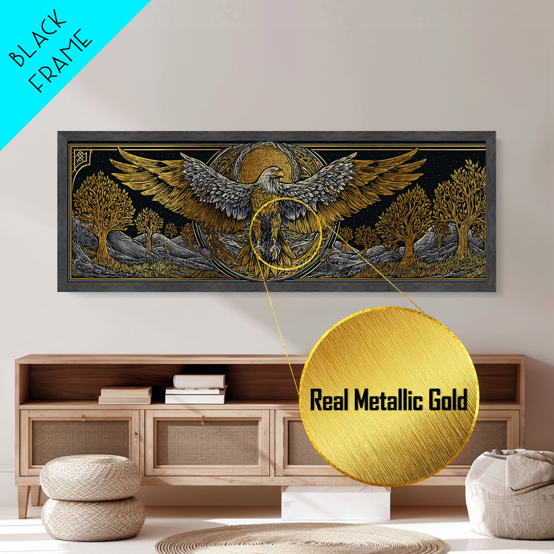 Eagle With Outstretched Wings, Mythology Bird Wall Decor, Metallic Gold Metal Print, Symbolic Strength Art, Real Wood Frame