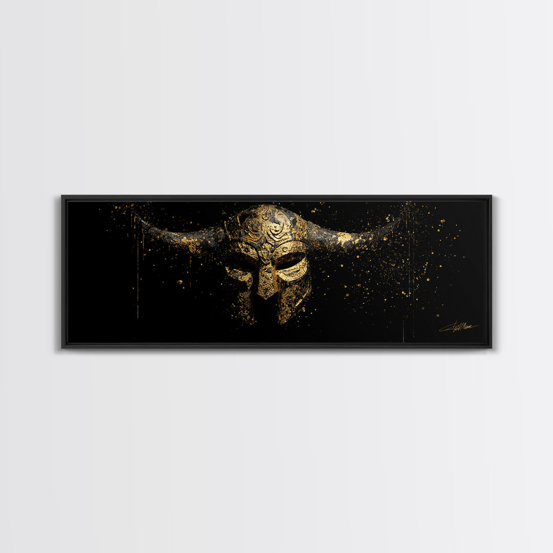 Warrior Viking Helmet, Norse Mythology Wall Art, Gold Canvas Print, Dramatic Historical Decor, Real Wood Frame