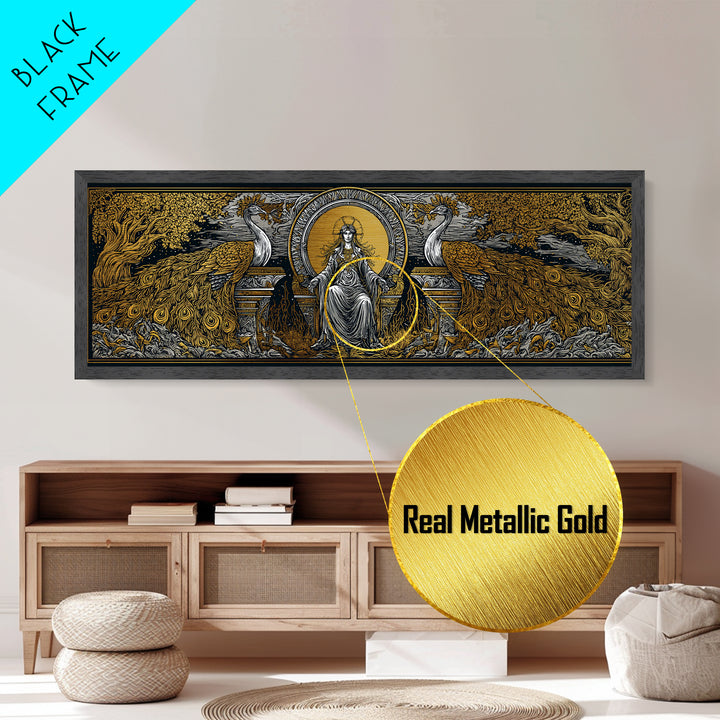 Queen Goddess With Peacocks, Mythology Regal Wall Art, Metallic Gold Metal Print, Luxurious Divine Decor, Real Wood Frame