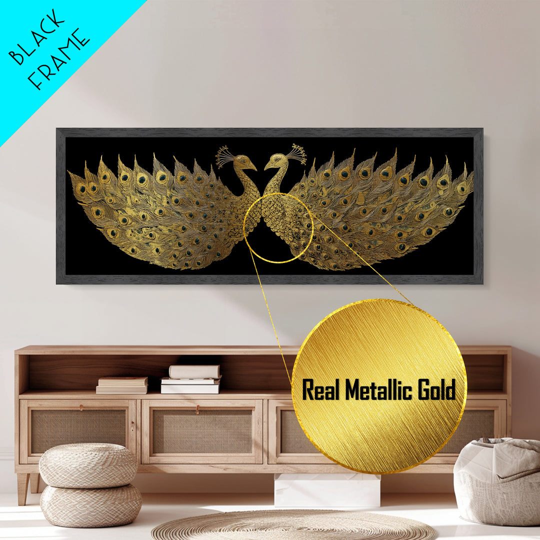 Twin Peacock Feathers, Elegant Bird Wall Decor, Metallic Gold Metal Print, Symbolic Decorative Art, Real Wood Frame