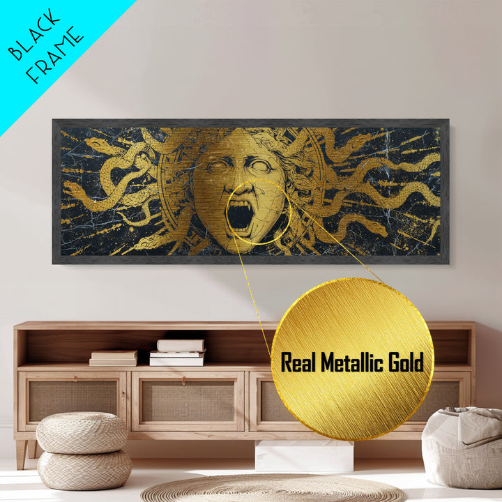 Medusa Serpent Metallic Gold Metal Print, Greek Mythology Wall Art, Gorgon Face Illustration, Real Wood Frame, Unique Statement Decor