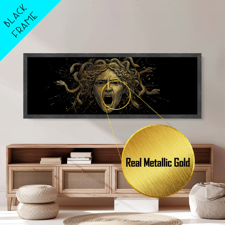 Medusa Head Metallic Gold Art, Greek Mythological Gorgon Wall Print, Snake Hair Woman Illustration, Real Wood Frame, Bold Luxury Decor