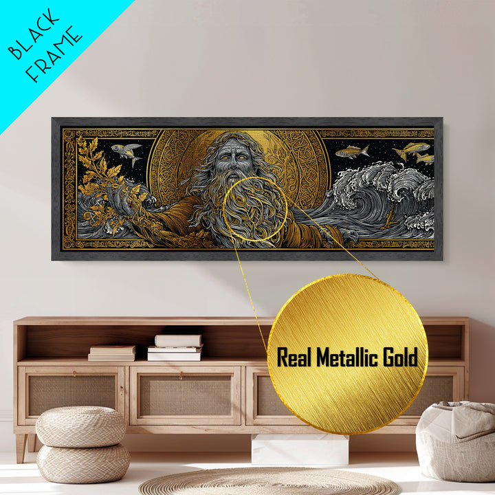 Oceanus Metallic Gold Metal Print, Greek Titan Of The Sea, Mythology Wall Art, Flowing Waves Illustration, Real Wood Frame, Ocean Decor
