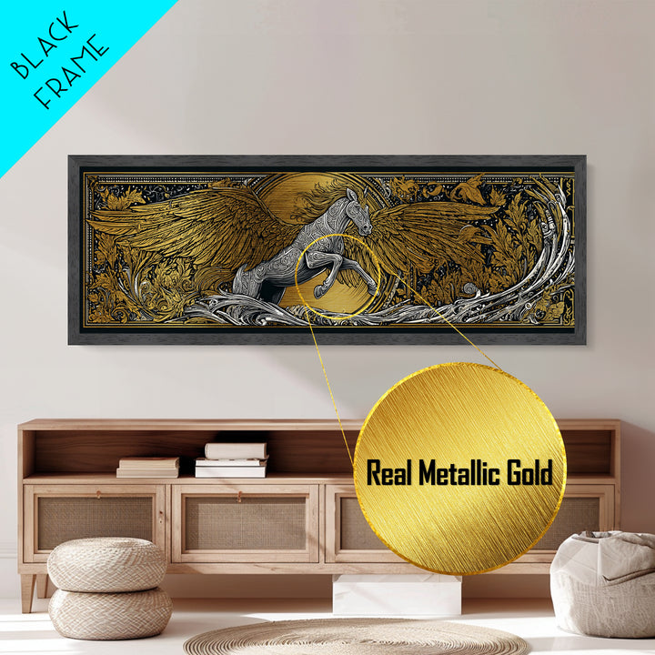 Pegasus Rising Metallic Gold Metal Print, Mythological Horse Wall Art, Real Wood Frame, Luxury Collectible Decorative Art