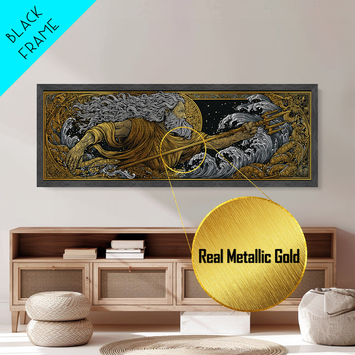 Poseidon Wields Metallic Gold Metal Print, Sea God Wall Art, Real Wood Frame, Mythological Ocean Artwork For Home Decor