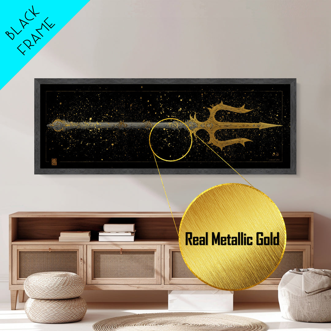 Poseidon Trident Metallic Gold Metal Print, Mythology Wall Art, Real Wood Frame, Sea God Artwork For Home Or Office Decor