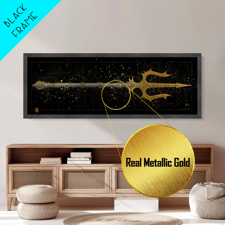 Poseidon Trident Metallic Gold Metal Print, Mythology Wall Art, Real Wood Frame, Sea God Artwork For Home Or Office Decor