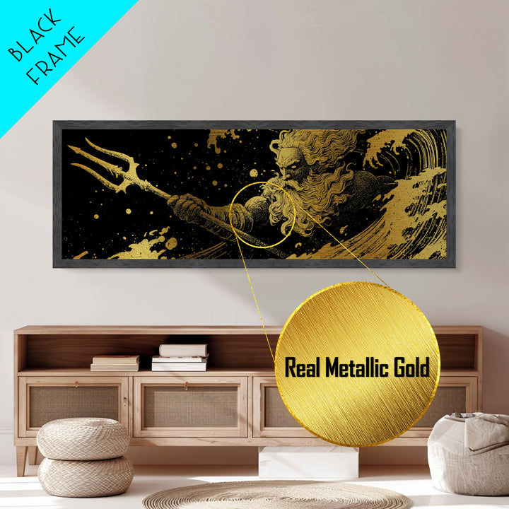 Poseidon Waves Metallic Gold Metal Print, Mythological Sea God Wall Art, Real Wood Frame, Luxury Decorative Greek Artwork