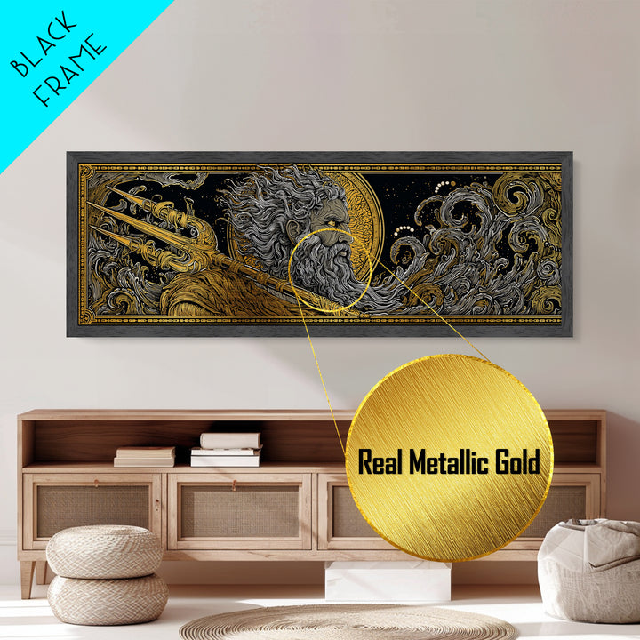Poseidon With Trident Metallic Gold Metal Print, Greek Mythology Wall Art, Real Wood Framed Metal Artwork, Luxury Home Decor