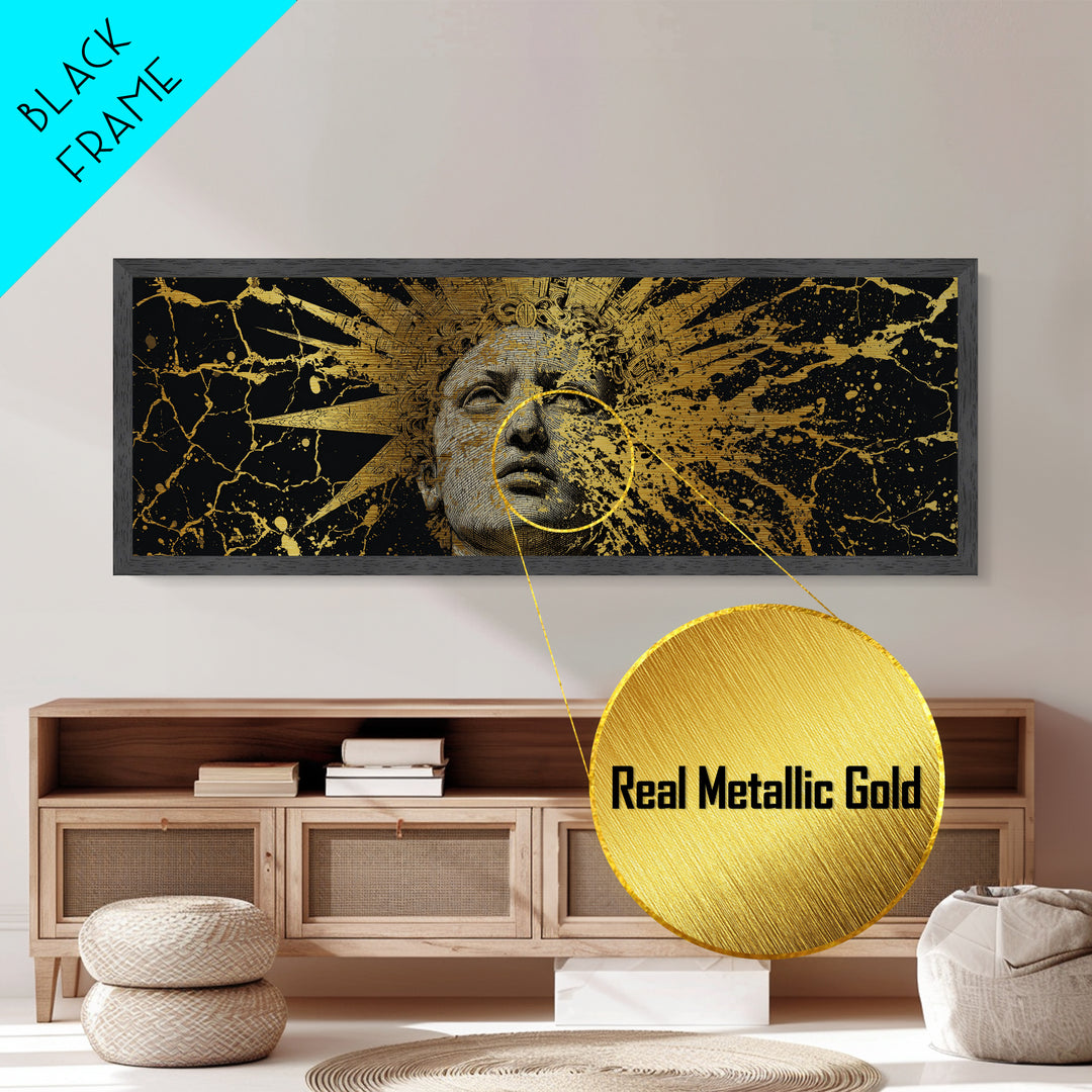 Prometheus Sunburst Bust Metallic Gold Metal Print, Greek Statue Inspired Wall Art, Real Wood Frame, Elegant Mythology Artwork