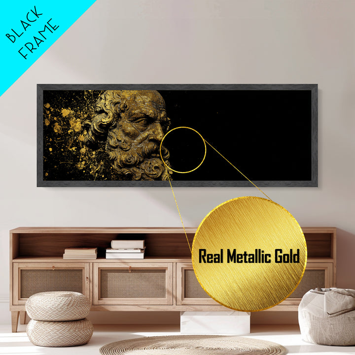 Socrates Bust Metallic Gold Art, Greek Philosopher Metal Print, Classical Statue Inspired Artwork, Real Wood Frame Wall Decor