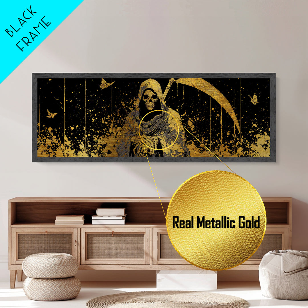 Thanatos Grim Reaper Metallic Gold Metal Print, Mythology Inspired Wall Art, Real Wood Framed Metal Artwork, Gothic Home Decor