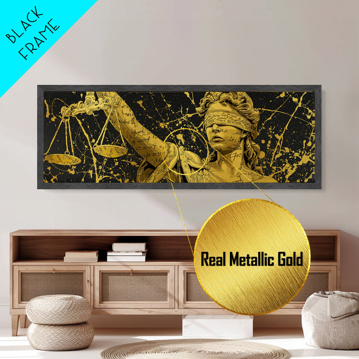 Themis Blind Justice Metallic Gold Art, Greek Goddess Wall Print, Real Wood Frame Metal Print, Law And Justice Statue Artwork