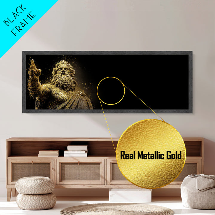 Zeus Statue Metallic Gold Metal Print, Greek God Wall Art, Lightning King Decor, Real Wood Frame Mythology Inspired Artwork