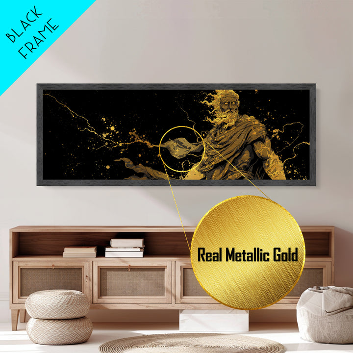 Zeus With Lightning Metallic Gold Art, Greek Mythology Metal Print, Real Wood Frame Decor, Dramatic Wall Artwork For Home